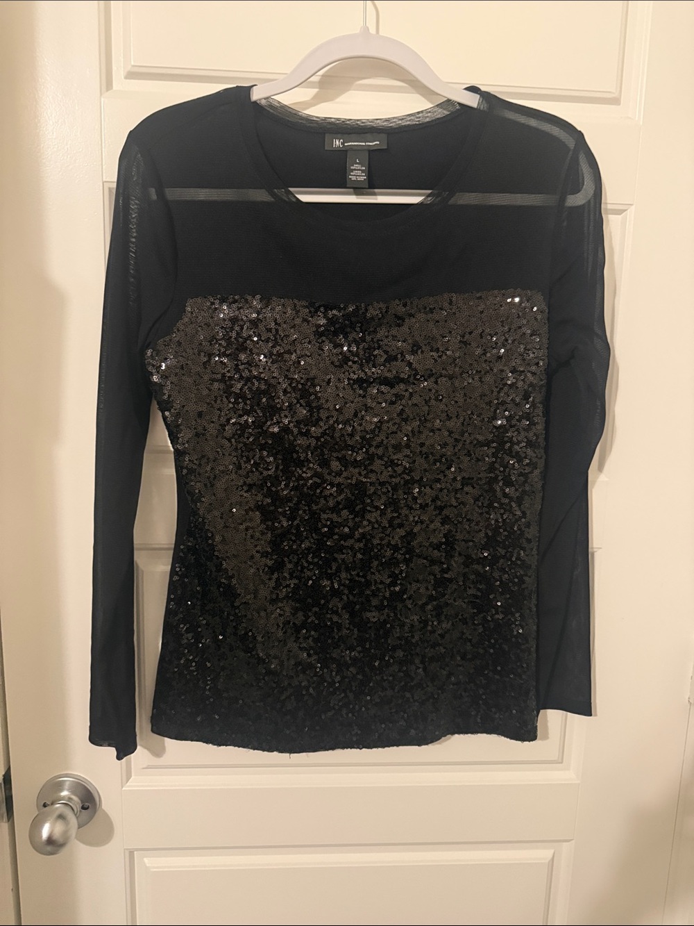 INC International Concepts Black Sequin Front Long Sleeve Mesh Top